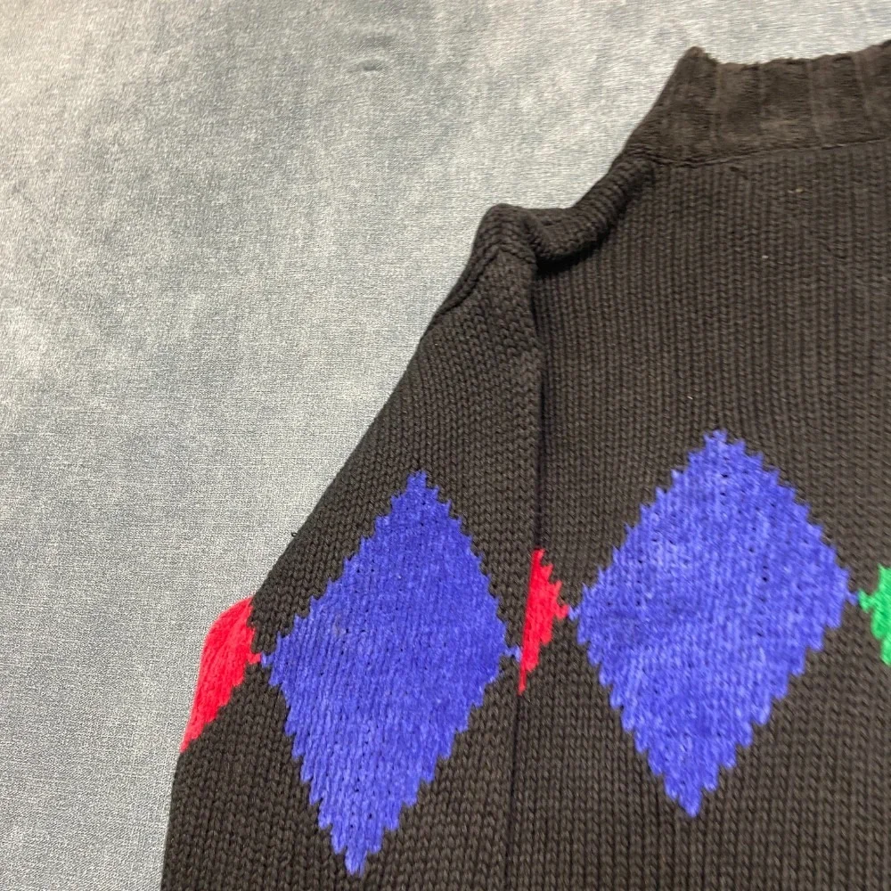 Vintage Tommy Hilfiger Sweater Mens S Black Diamond Mock Neck Knitted Full Zip